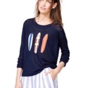 J Crew Linen Navy Sweater with Surfboard Design